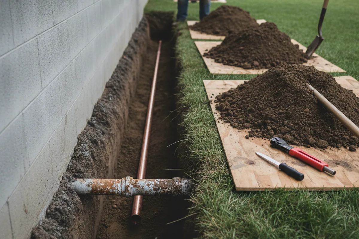 Excavated water line trench during Water Softener Installation in Willis